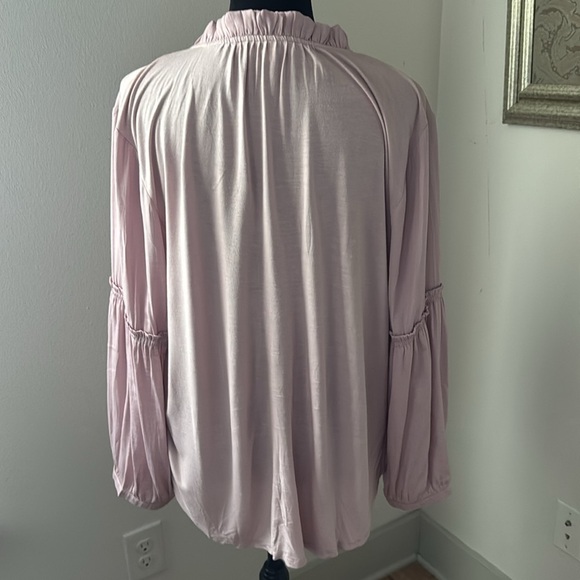 LOFT split ruffle collar ties long sleeves mixed media pink blouse top Sz L - Picture 4 of 8